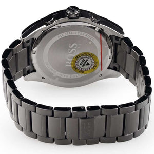 Caseback of Hugo Boss Onyx 1513364 showing technical specs gray dial and gray metal strap 50m water resistance