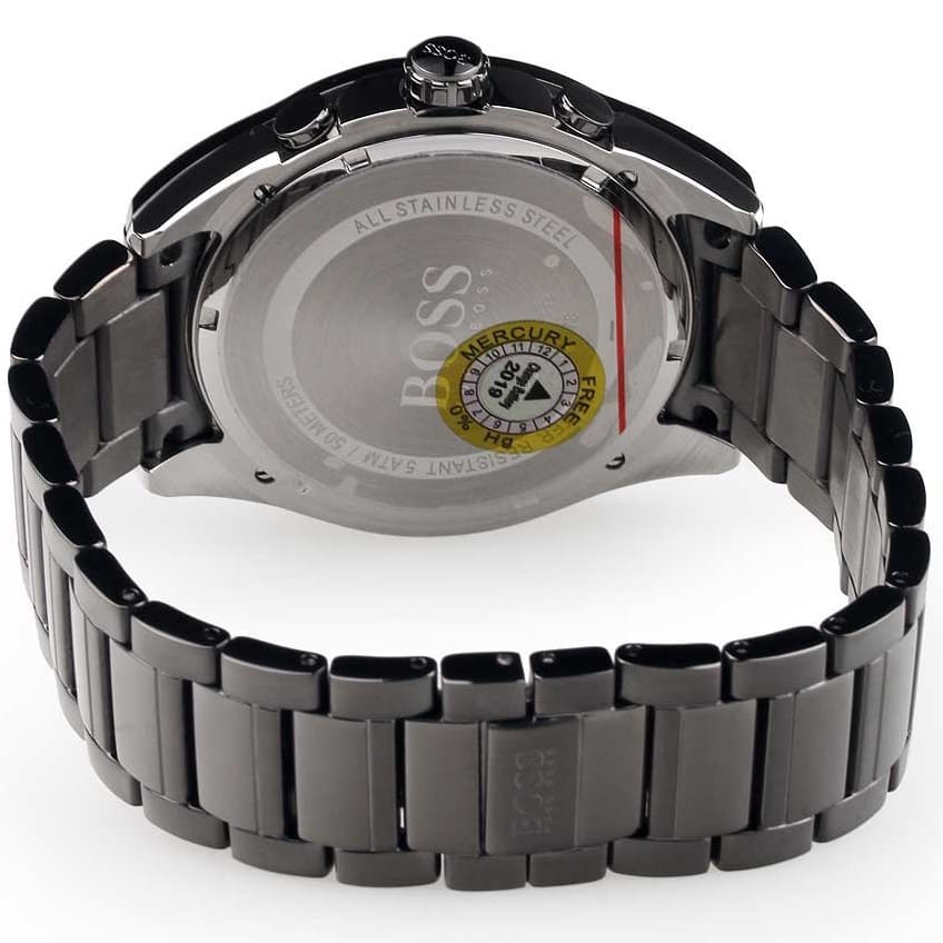 Caseback of Hugo Boss Onyx 1513364 showing technical specs gray dial and gray metal strap 50m water resistance