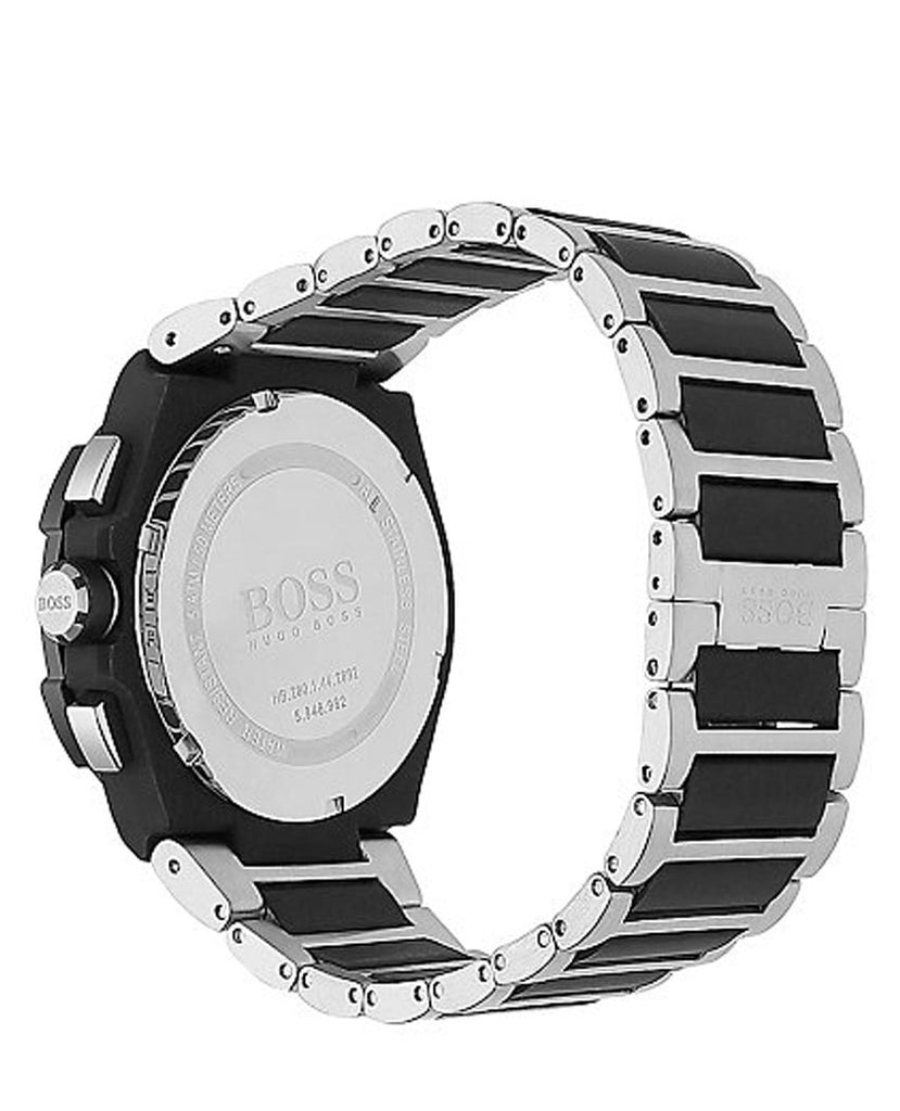 Caseback of Hugo Boss Supernova 1513368 showing technical specs black dial and hybrid strap 50m water resistance