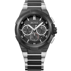 Hugo Boss Supernova 1513368 men's watch with black textured dial, silver metal and black rubber strap, 50m water resistance main view
