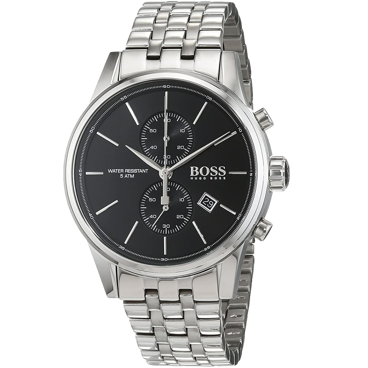 Left angled view of Hugo Boss Jet 1513383 showing black sunray dial detail and silver link bracelet water resistant 50m
