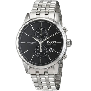 Left angled view of Hugo Boss Jet 1513383 showing black sunray dial detail and silver link bracelet water resistant 50m