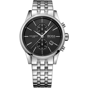 Hugo Boss Jet 1513383 men's watch with black sunray dial, silver metal link strap, and 50m water resistance main view