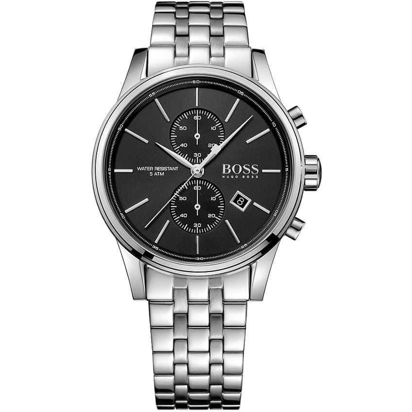 Hugo Boss Jet 1513383 men's watch with black sunray dial, silver metal link strap, and 50m water resistance main view