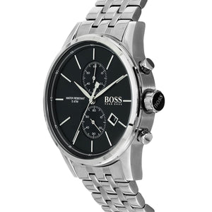 Left angled view of Hugo Boss Jet 1513383 showing black sunray dial detail and silver link bracelet water resistant 50m