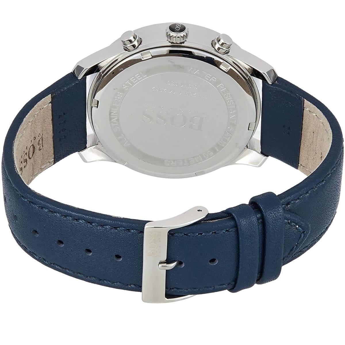 Caseback of Hugo Boss Runner 1513431 showing technical specs blue dial and blue leather strap 50m water resistant
