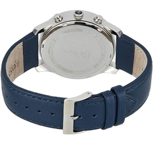 Caseback of Hugo Boss Runner 1513431 showing technical specs blue dial and blue leather strap 50m water resistant