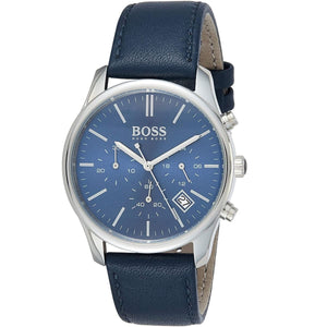 Close up of Hugo Boss Runner 1513431 on wrist showing blue dial and blue leather strap with 50m water resistance