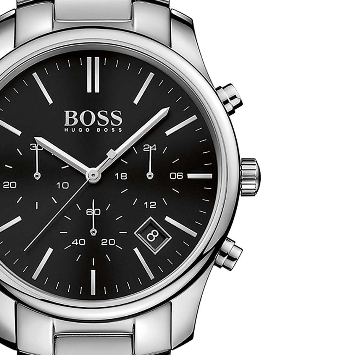 Hugo Boss Hero 1513433 men's chronograph watch with silver stainless steel strap and black dial