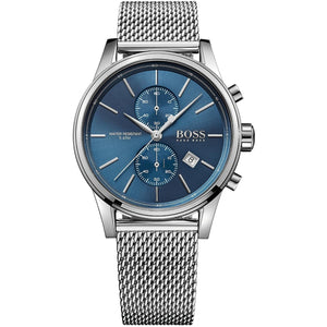Authentic real-life photo of Boss Jet 1513441 showing the silver Milanese mesh bracelet and blue chronograph dial from Luxury Hub Store