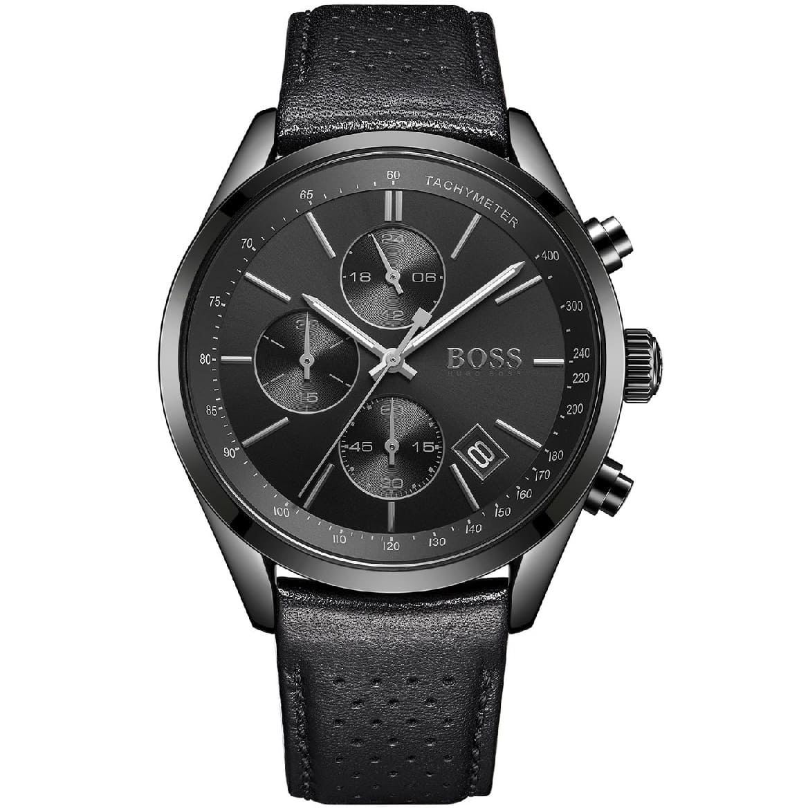 Hugo Boss Grand Prix 1513474 men's watch with black dial, black perforated leather strap, and 50m water resistance main view