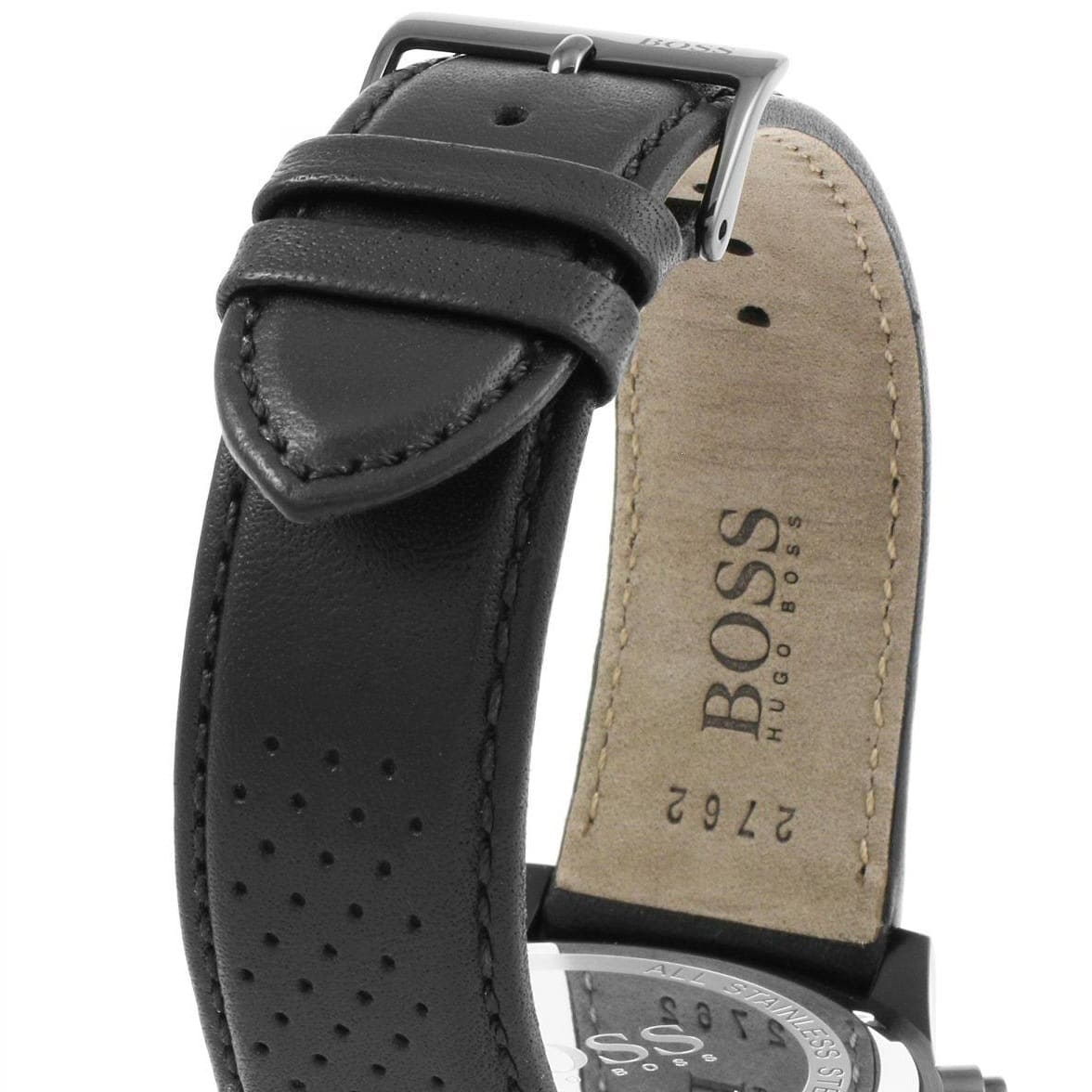 Close-up of a black leather watch strap with 'BOSS' branding on a white background