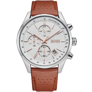 Hugo Boss Grand Prix 1513475 men's watch with white dial, silver stainless steel case, brown perforated leather strap, and 30m water resistance main view