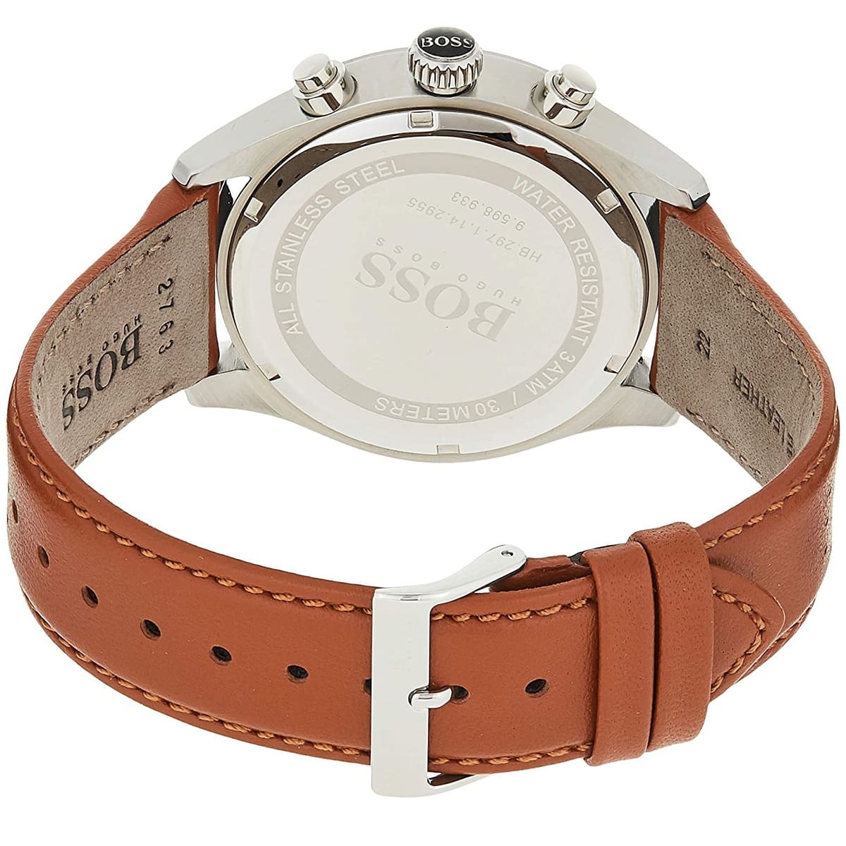Caseback of Hugo Boss Grand Prix 1513475 showing technical specs white dial and leather strap 30m water resistance