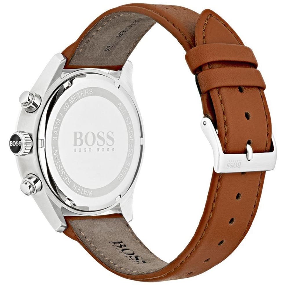Caseback of Hugo Boss Grand Prix 1513475 showing technical specs white dial and leather strap 30m water resistance