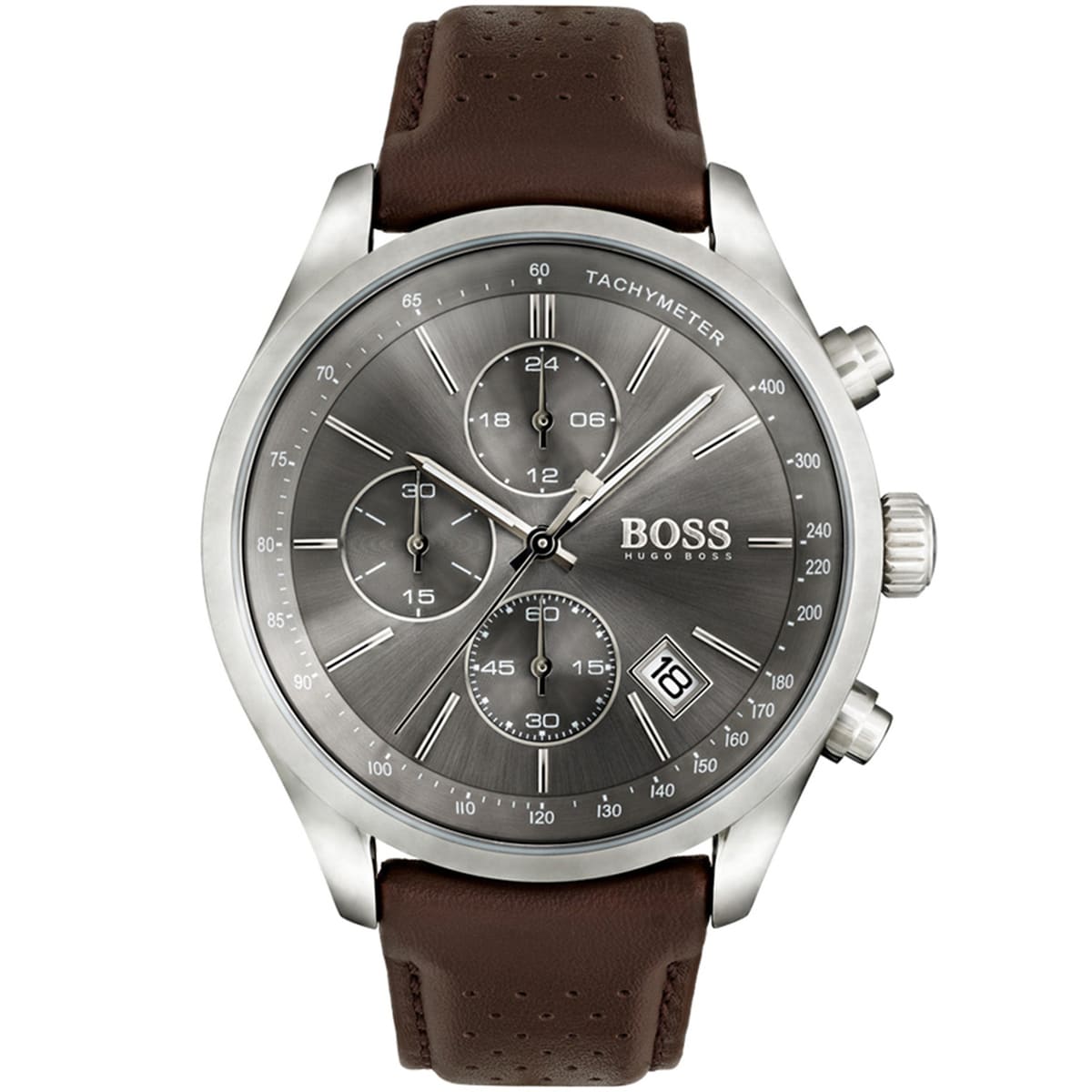Hugo Boss Grand Prix 1513476 men's watch with gray sunray dial, silver stainless steel case, brown perforated leather strap, and 30m water resistance main view