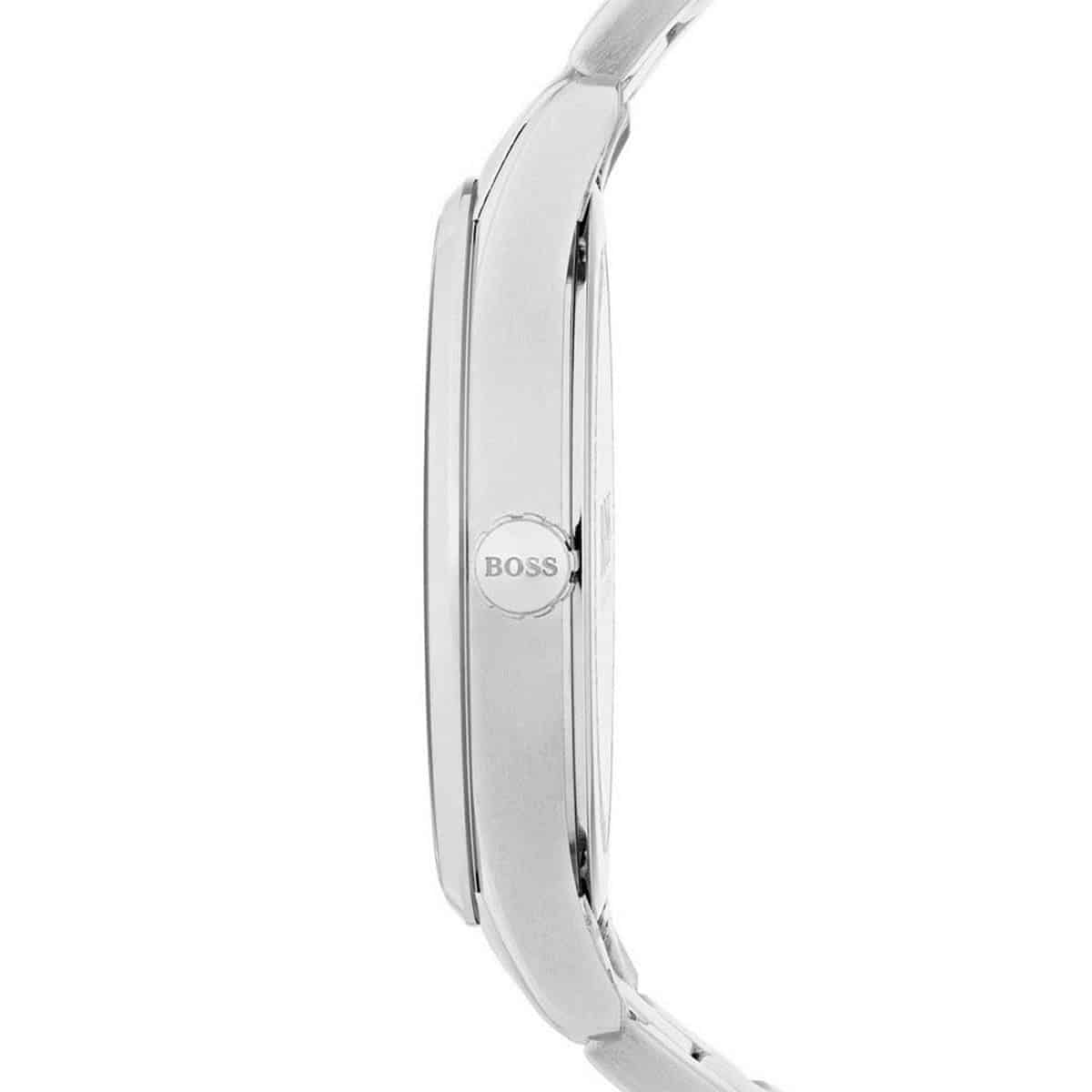 Side profile of Hugo Boss Governor 1513487 showing 10mm thickness and silver finish with 30m water resistance