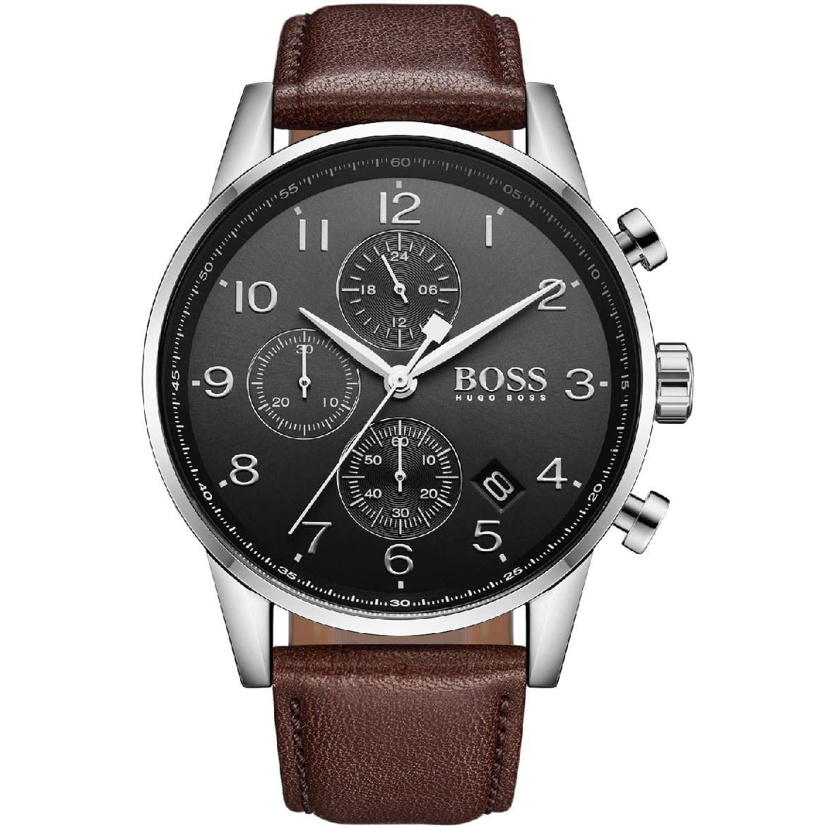Hugo Boss Navigator 1513494 men's chronograph watch with grey dial and brown leather strap