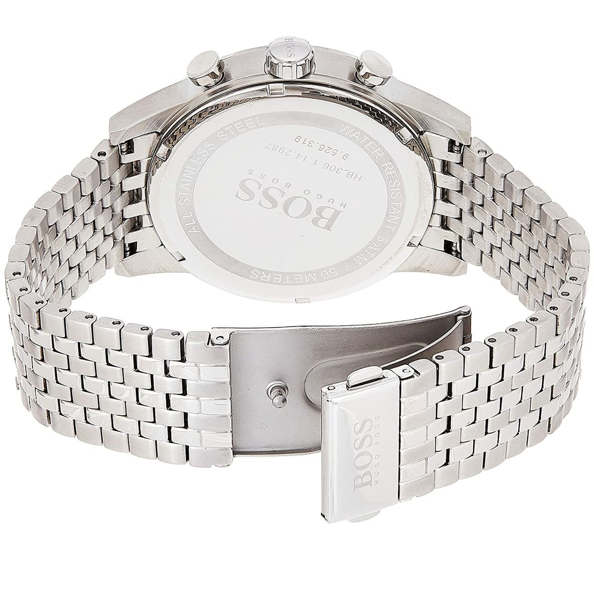 Silver metal deployment clasp on Hugo Boss Navigator 1513498 blue dial watch water resistant 50m