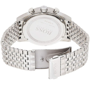Silver metal deployment clasp on Hugo Boss Navigator 1513498 blue dial watch water resistant 50m