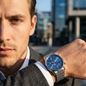 Professional man wearing Hugo Boss Navigator 1513498 with blue dial and silver metal link strap water resistant 50m