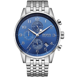 Hugo Boss Navigator 1513498 men's watch with blue sunray dial, silver metal link strap, and 50m water resistance main view