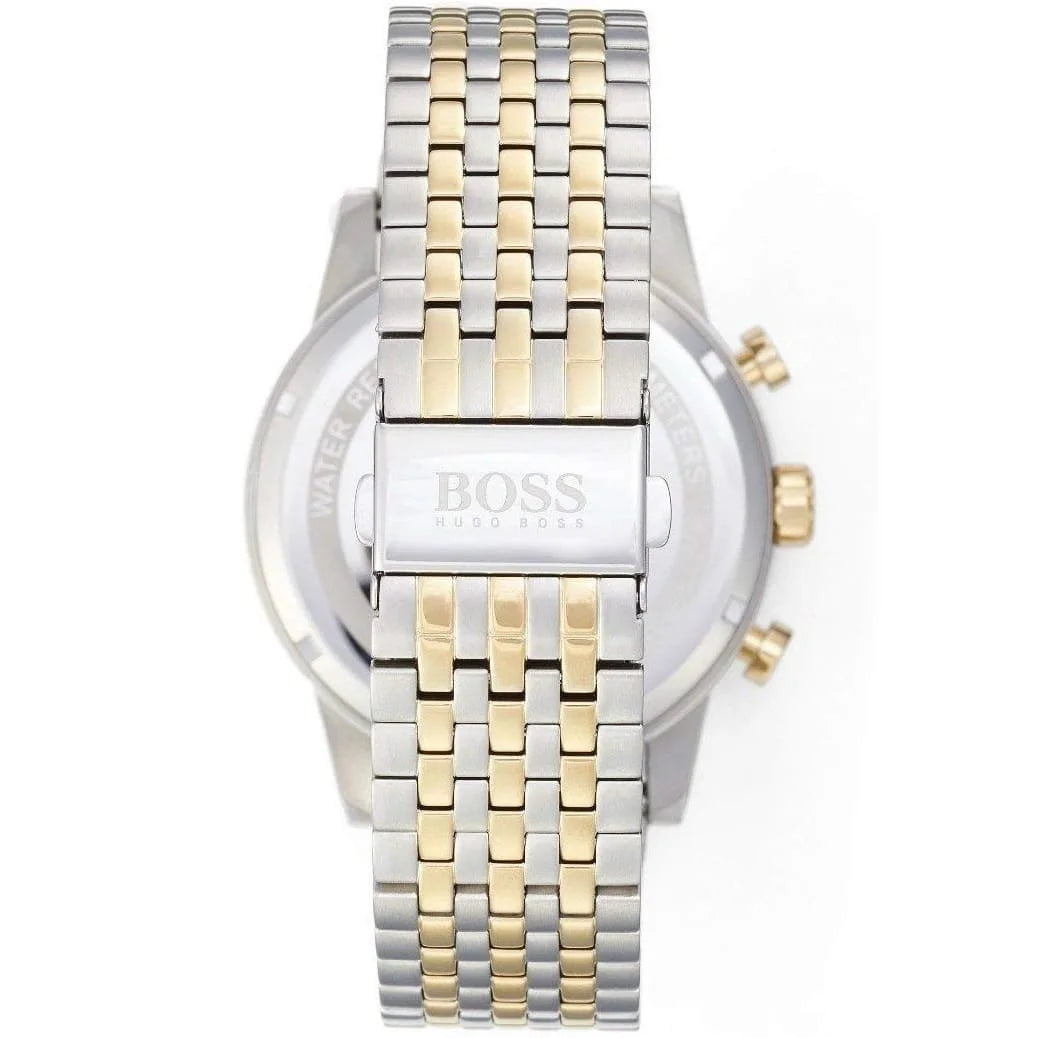 Two-tone metal deployment clasp on Hugo Boss Navigator Runner 1513499 white dial watch water resistant 50m