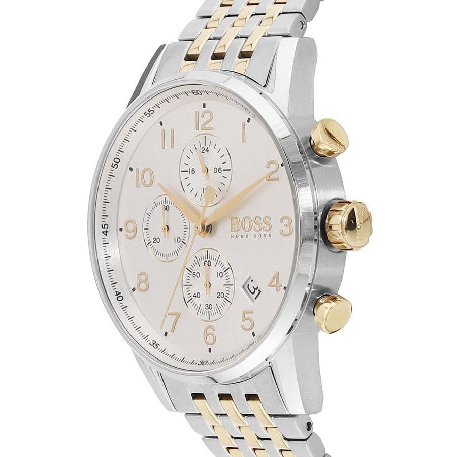 Detailed view of gold crown on Hugo Boss Navigator Runner 1513499 with white dial and two-tone metal strap 50m water resistant