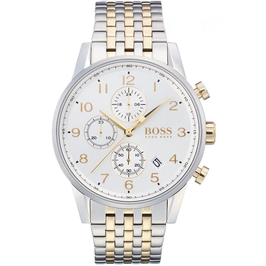 Hugo Boss Navigator Runner 1513499 men's watch with white dial, silver and gold metal strap, and 50m water resistance main view
