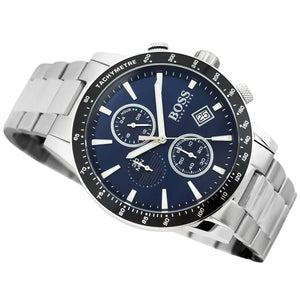 Angled real-life photo of Boss Rafale 1513510 showing the texture of the bezel, crown, pushers, and side profile from Luxury Hub Store