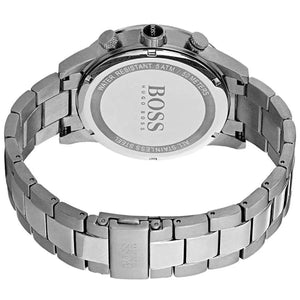 Silver Hugo Boss watch with metal bracelet on a white background