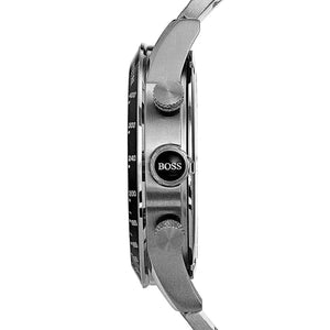 Side view photo of Boss Rafale 1513510 showing case thickness, crown design, and chronograph pushers detail from Luxury Hub Store