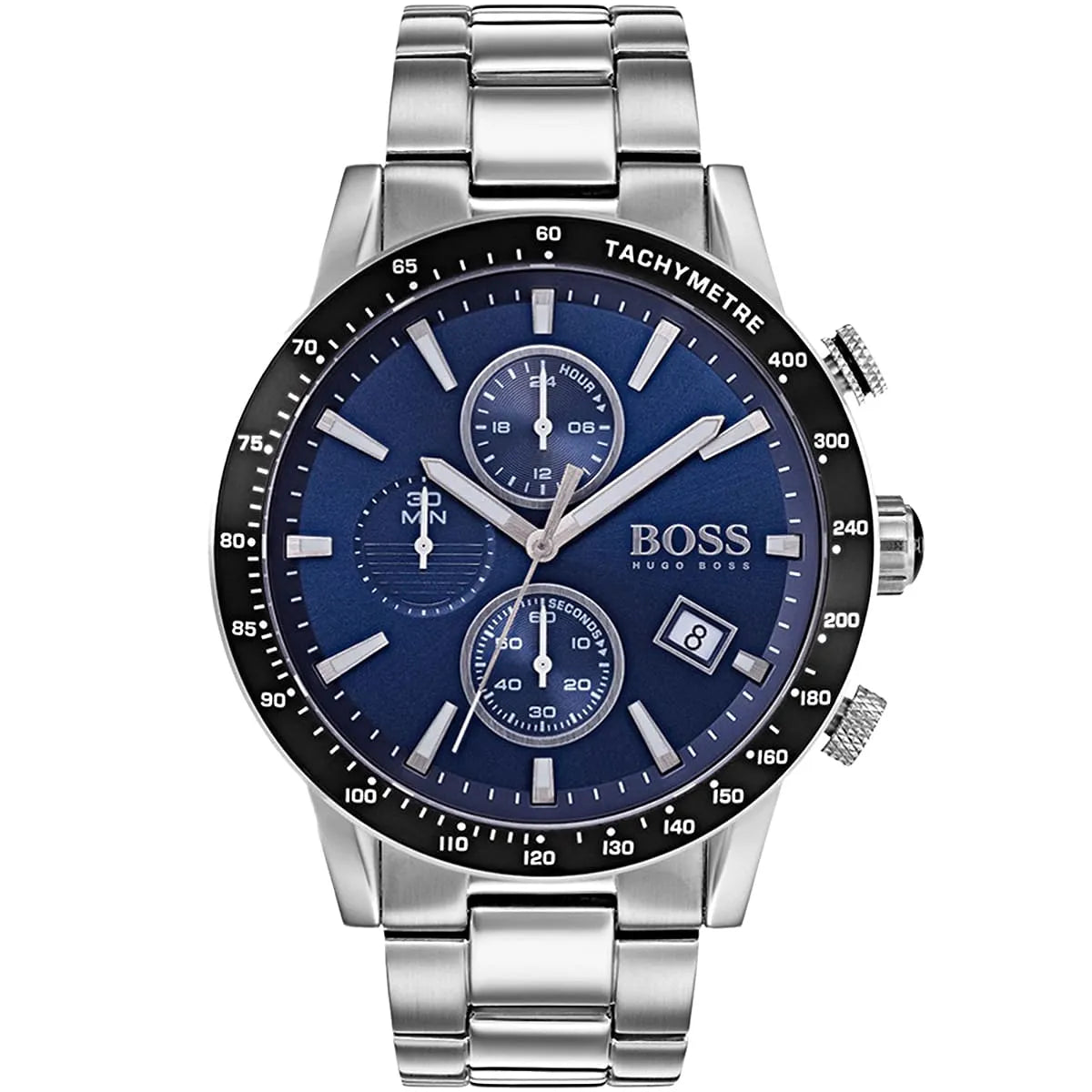 Authentic real-life photo of Boss Rafale 1513510 showing silver bracelet and royal blue chronograph dial from Luxury Hub Store