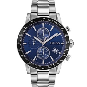Authentic real-life photo of Boss Rafale 1513510 showing silver bracelet and royal blue chronograph dial from Luxury Hub Store