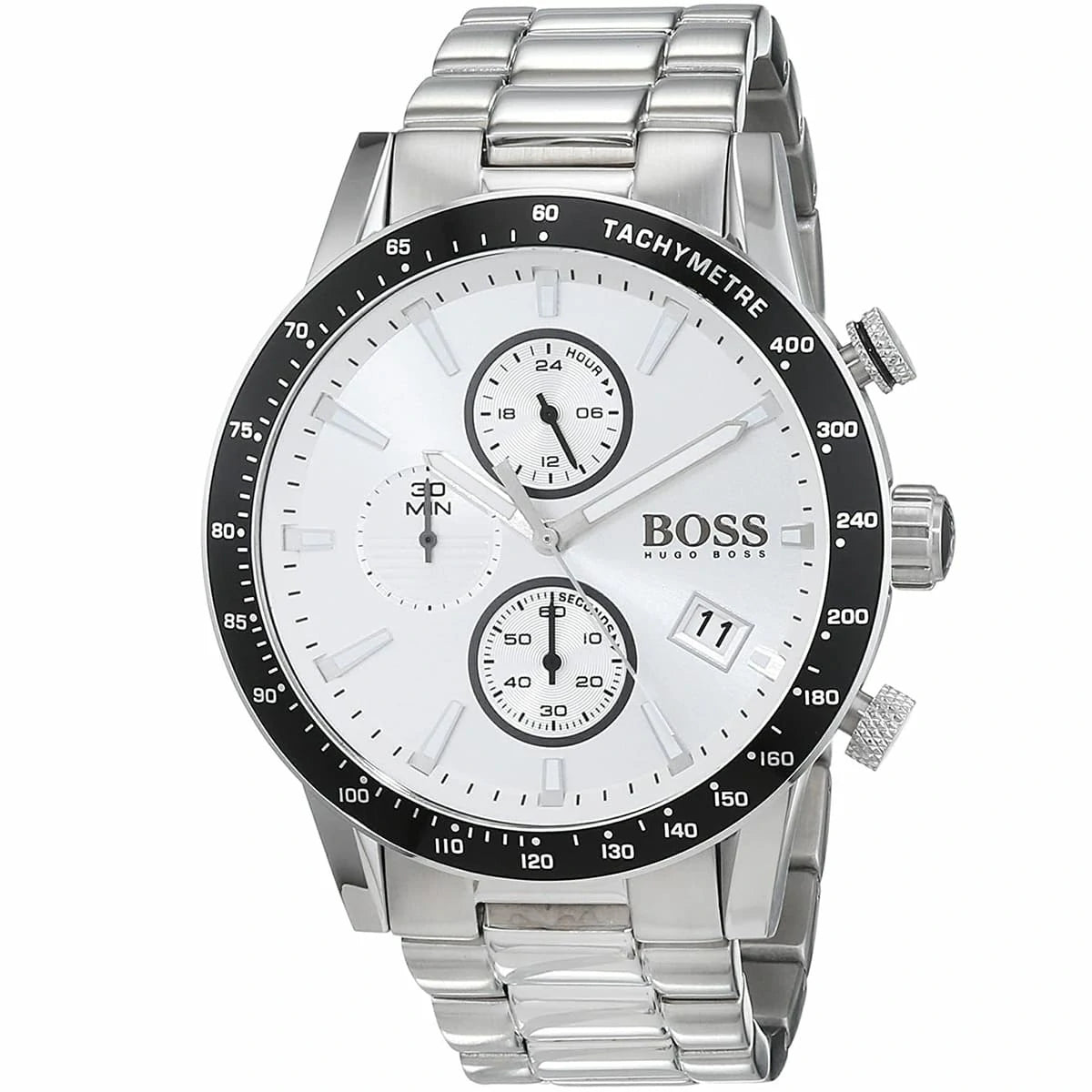 Left angled view of Hugo Boss Rafale 1513511 showing silver dial detail and silver link bracelet water resistant 50m