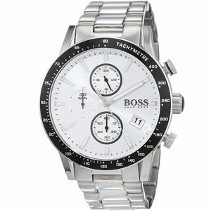 Left angled view of Hugo Boss Rafale 1513511 showing silver dial detail and silver link bracelet water resistant 50m