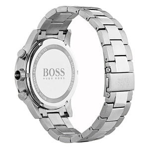Caseback of Hugo Boss Rafale 1513511 showing technical specs silver dial and silver metal strap 50m water resistance
