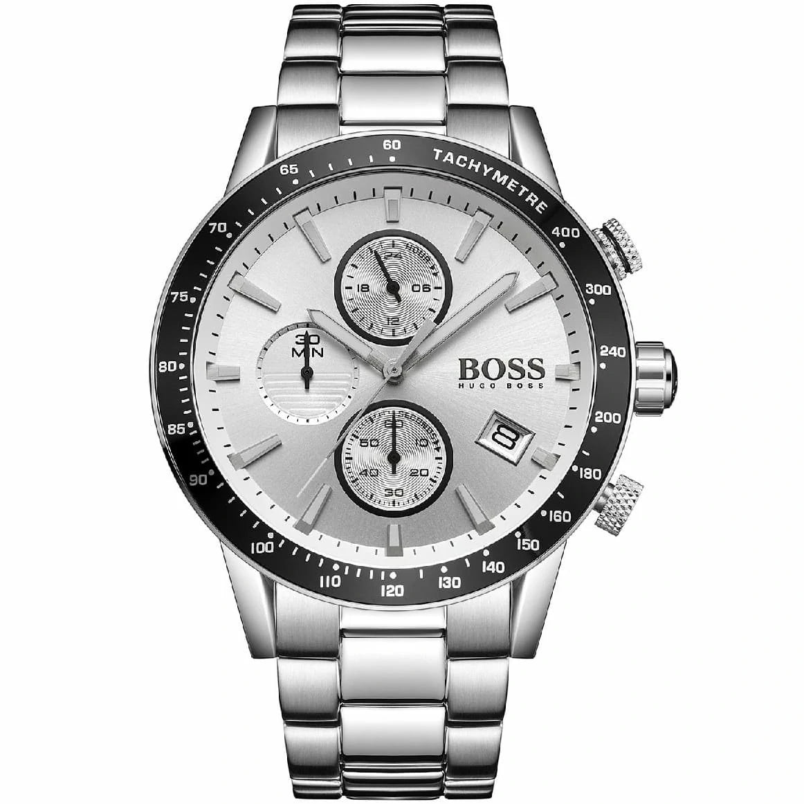 Hugo Boss Rafale 1513511 men's watch with silver dial, black bezel, silver metal link strap, and 50m water resistance main view