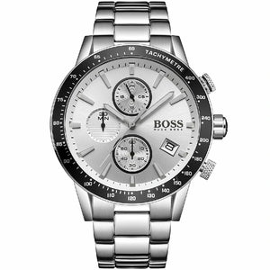 Hugo Boss Rafale 1513511 men's watch with silver dial, black bezel, silver metal link strap, and 50m water resistance main view