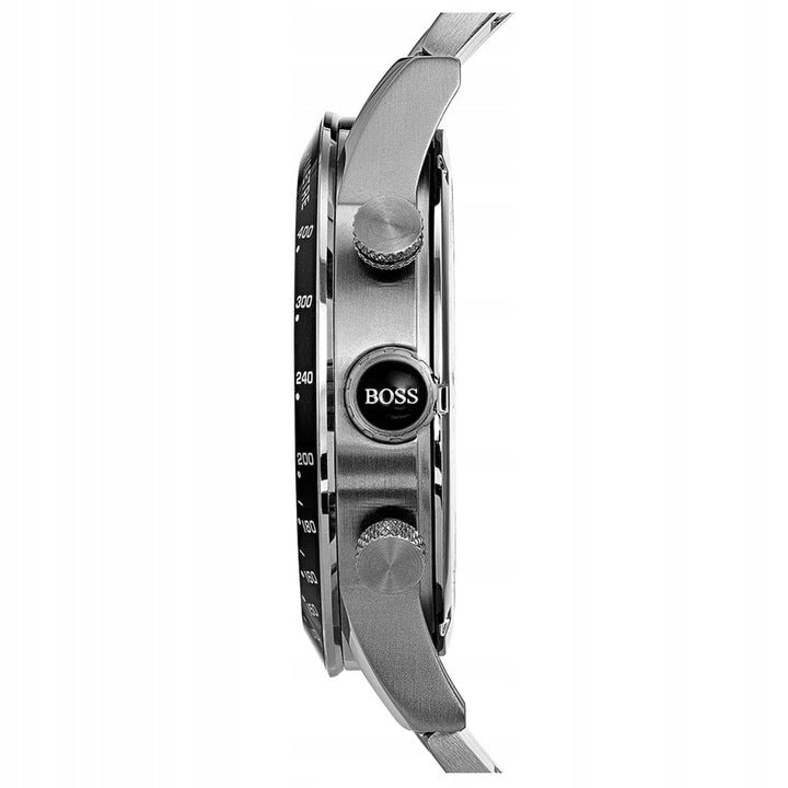 Side profile of Hugo Boss Rafale 1513511 showing 12mm thickness and silver/black finish with 50m water resistance