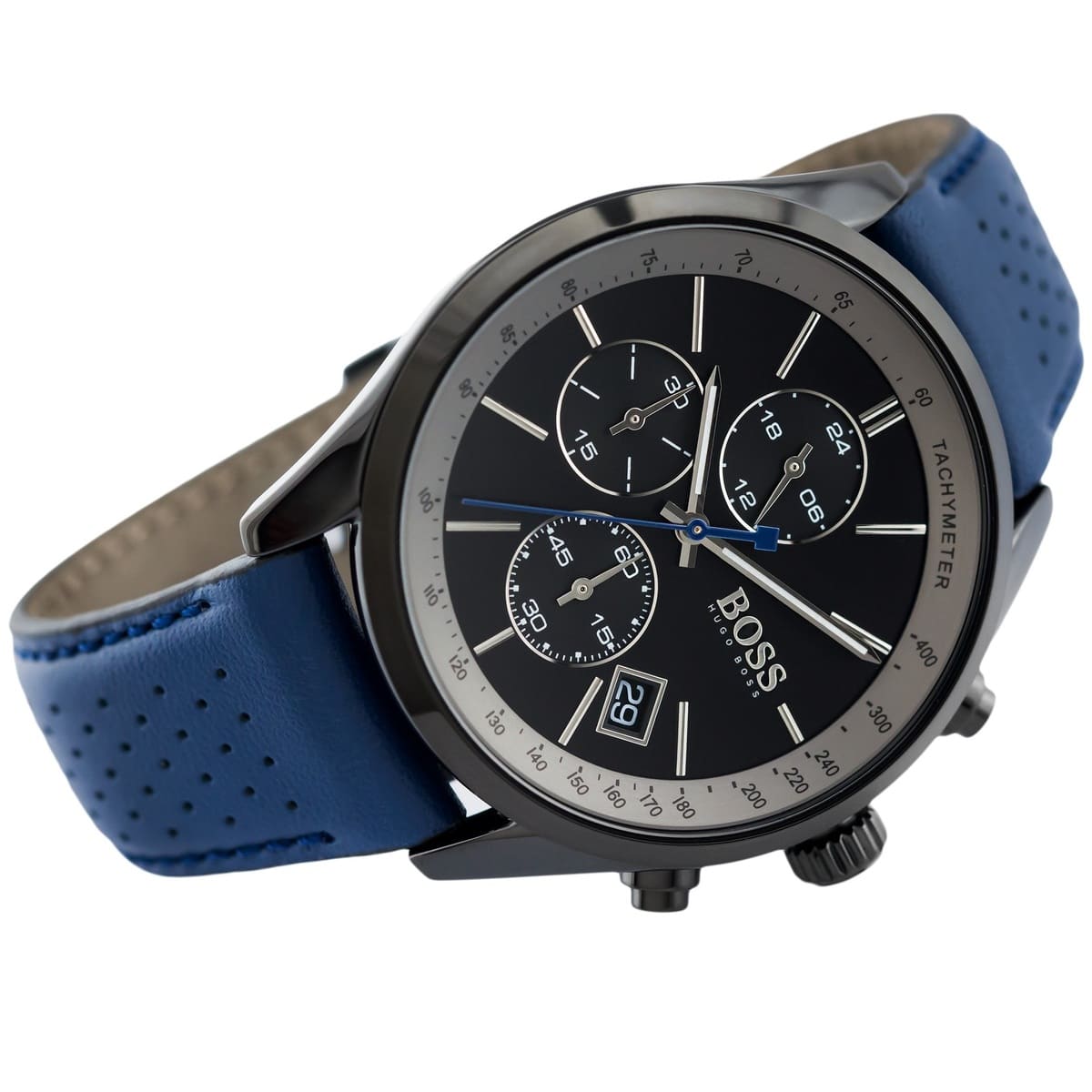 Left angled view of Hugo Boss Grand Prix 1513563 showing black dial detail and blue leather strap water resistant 30m