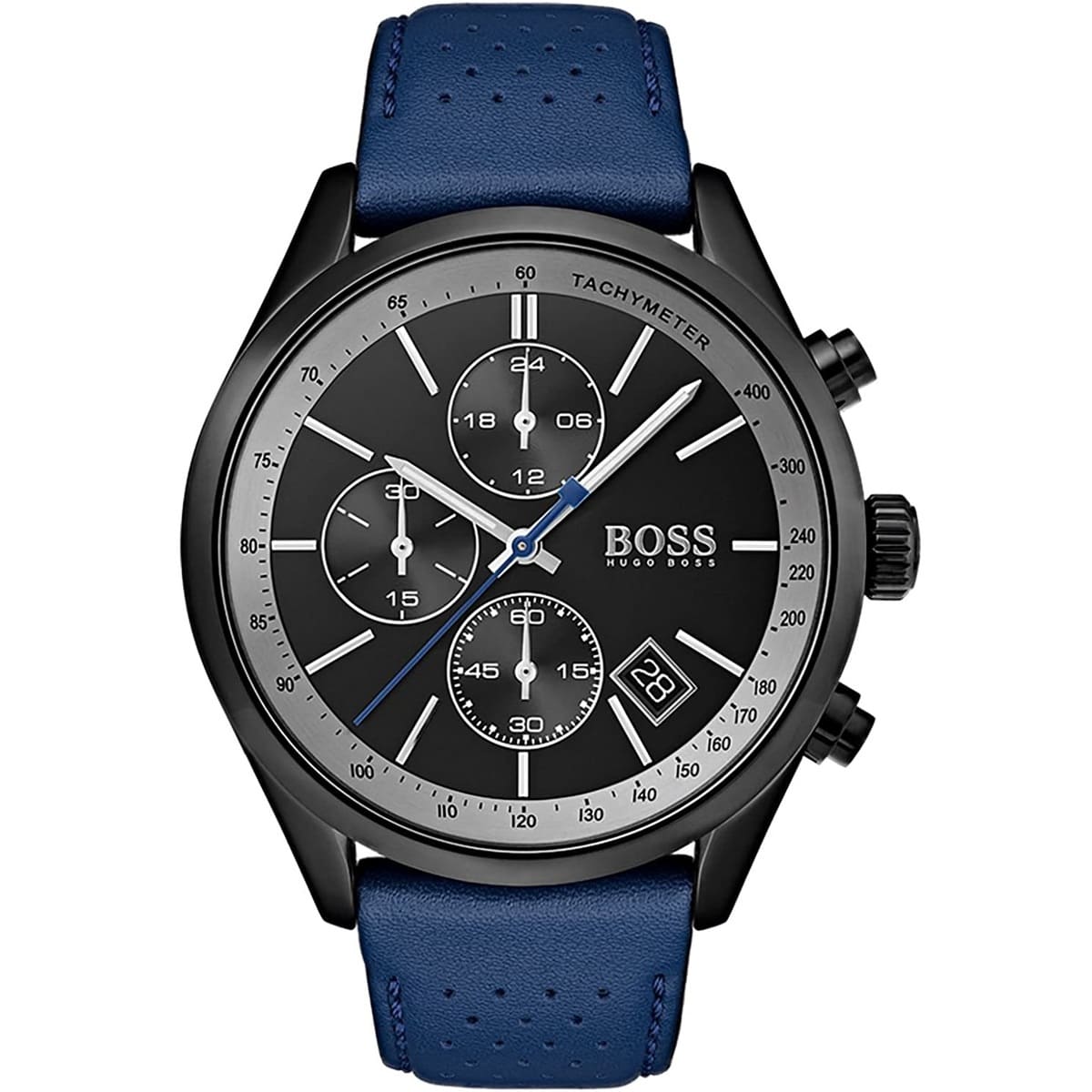 Hugo Boss Grand Prix 1513563 men's watch with black dial, black ion-plated case, blue perforated leather strap, and 30m water resistance main view