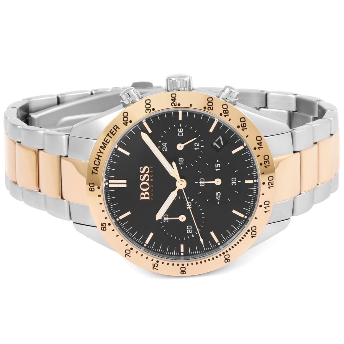 Original packaging for Hugo Boss Talent 1513584 black dial two-tone metal strap watch 50m water resistance