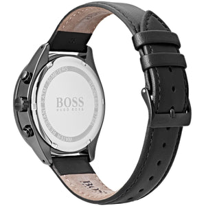 Caseback of Hugo Boss Talent 1513590 showing technical specs black dial and leather strap 50m water resistance