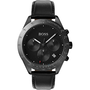 Hugo Boss Talent 1513590 men's watch with black sunray dial, black ion-plated case, black leather strap, and 50m water resistance main view