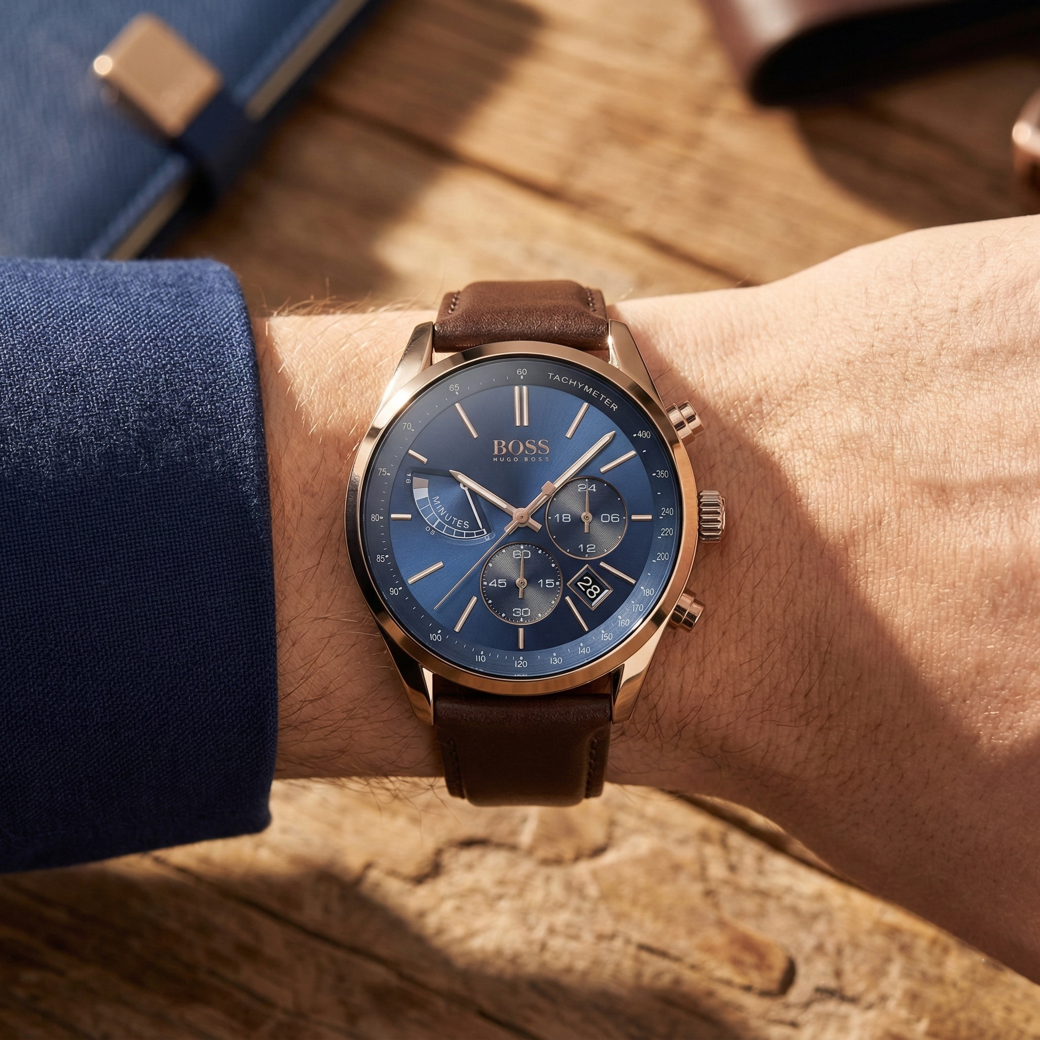 Close up of Hugo Boss Grand Prix 1513604 on wrist showing blue sunray dial and brown leather strap with 30m water resistance