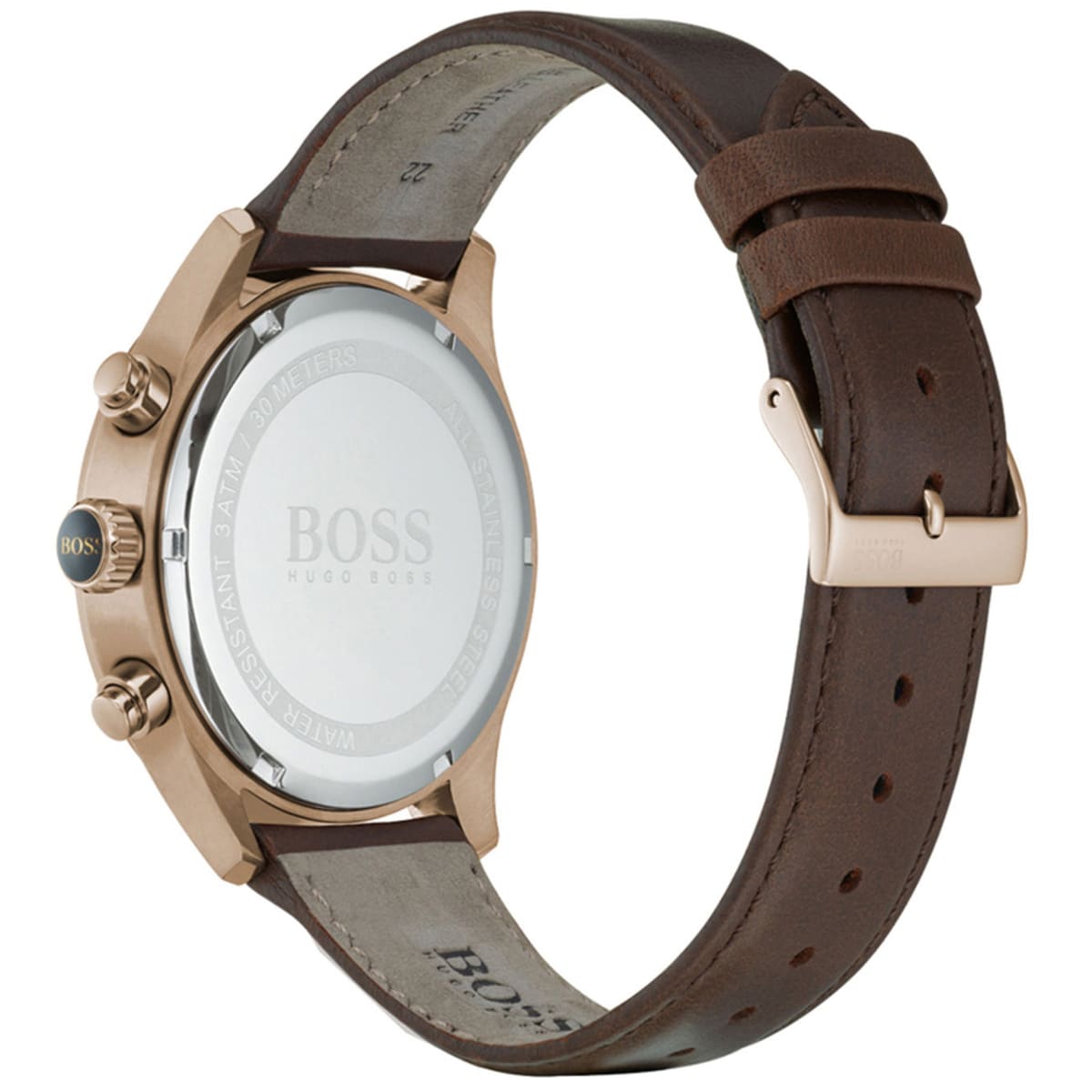 Caseback of Hugo Boss Grand Prix 1513604 showing technical specs blue dial and brown leather strap 30m water resistance