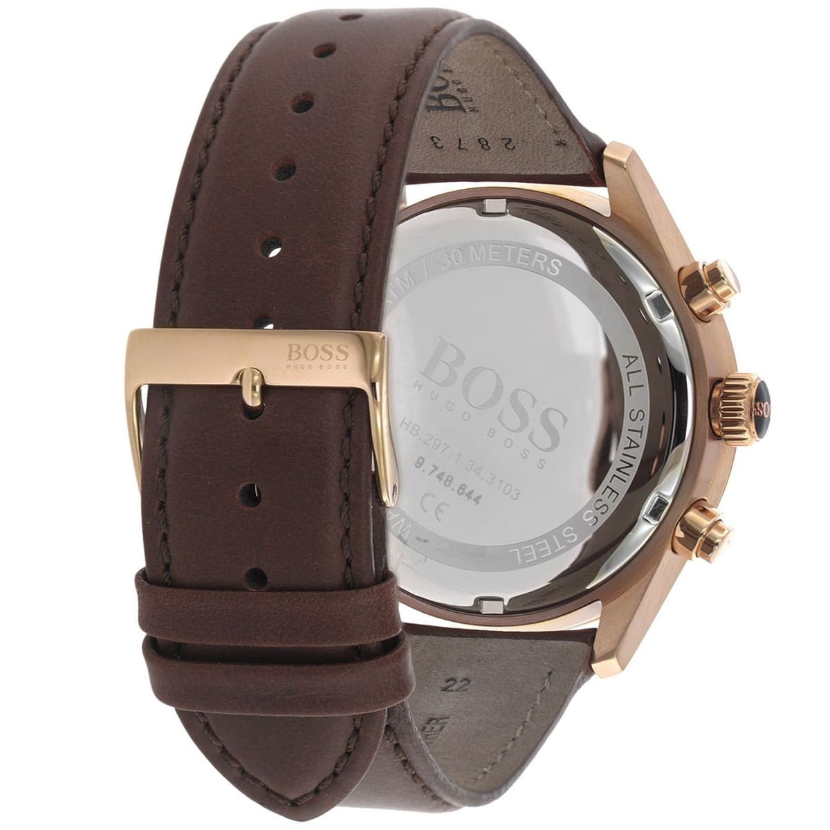 Caseback of Hugo Boss Grand Prix 1513604 showing technical specs blue dial and brown leather strap 30m water resistance