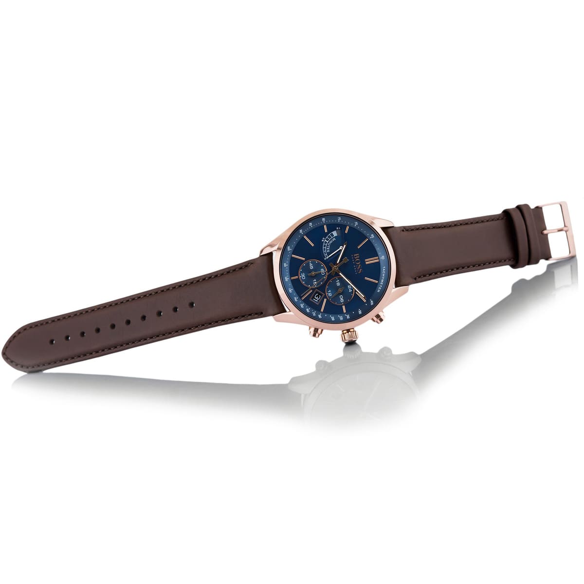 Live photo of Hugo Boss Grand Prix 1513604 showing actual blue sunray dial and brown perforated leather strap colors