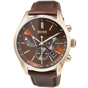 Right angled view of Hugo Boss Grand Prix 1513605 highlighting brown dial and rose gold tachymeter bezel 30m water resistance